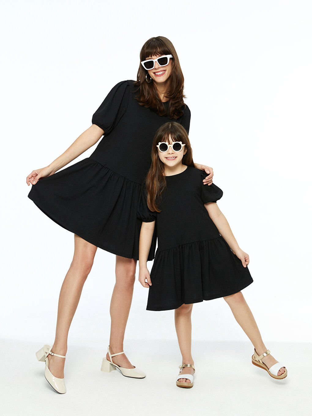Siyah Bisiklet Yaka Basic Kısa Kollu Kız Çocuk Elbise Anne Kız Kombini