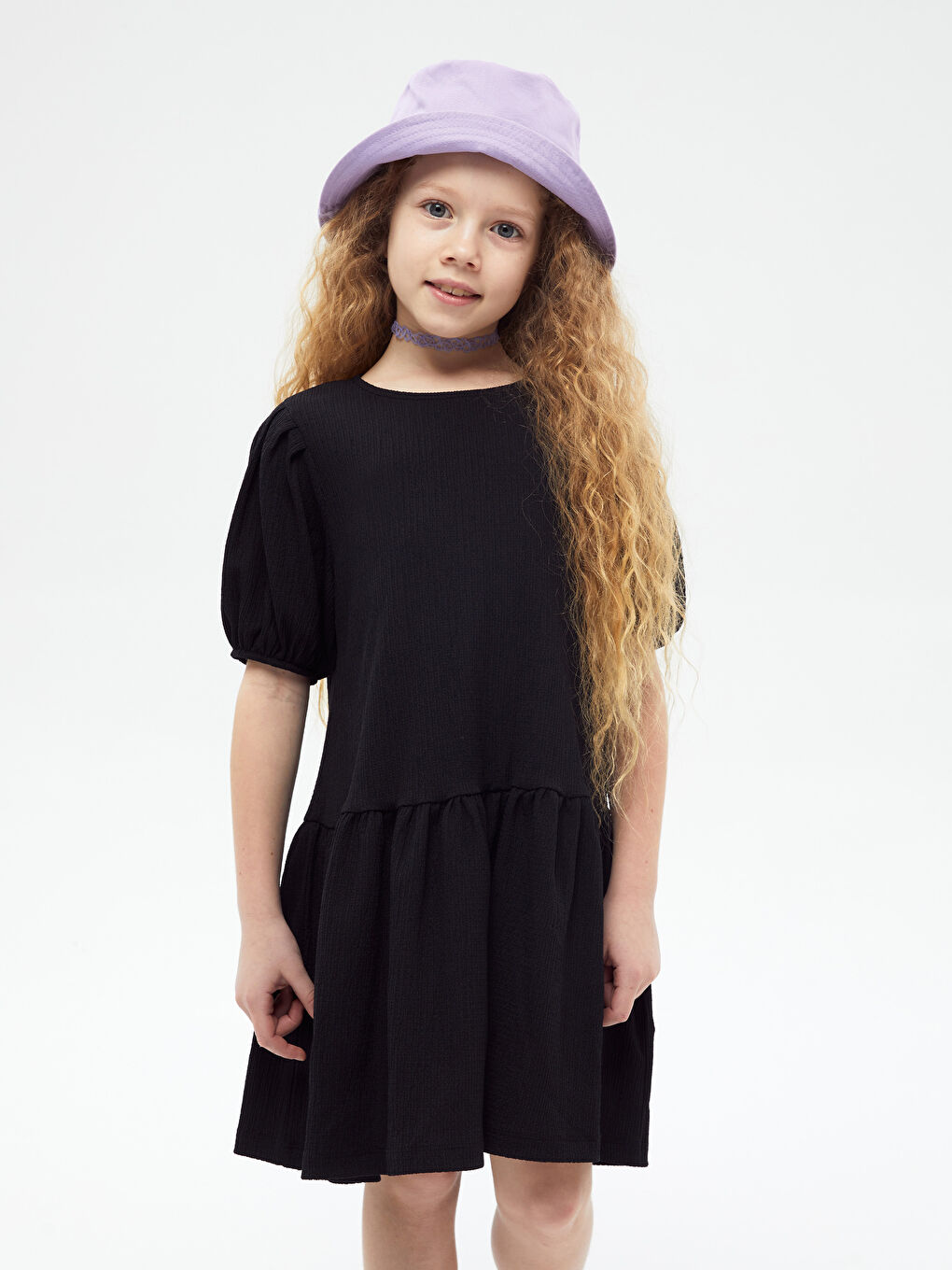 Siyah Bisiklet Yaka Basic Kısa Kollu Kız Çocuk Elbise Anne Kız Kombini-1