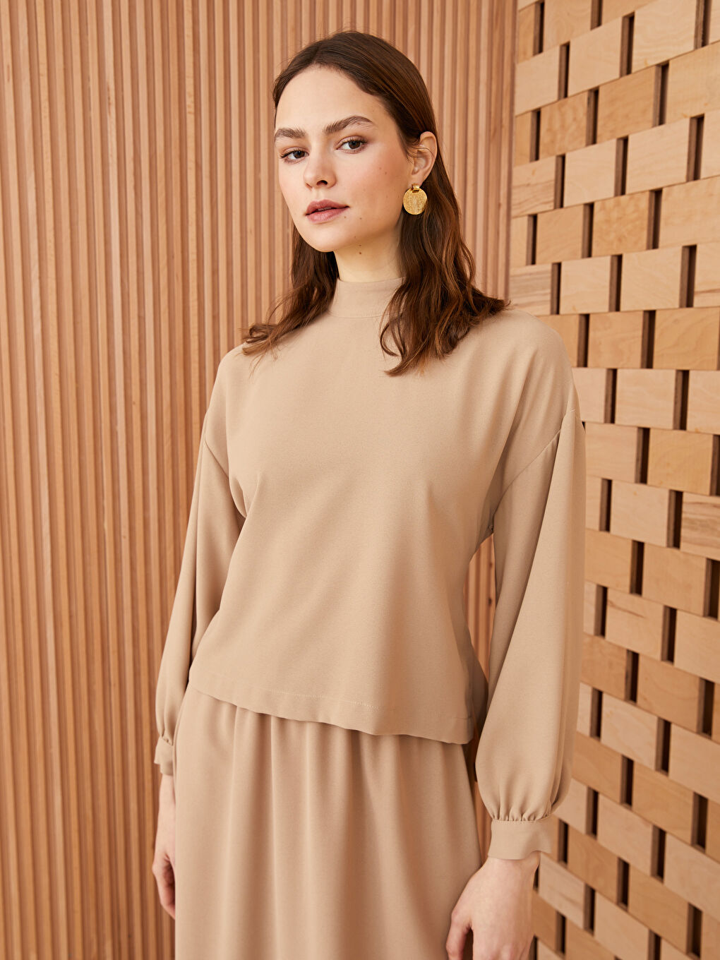 LCW Modest Women's Stand Collar Straight Long Sleeve Blouse -S3GE89Z8-V7N