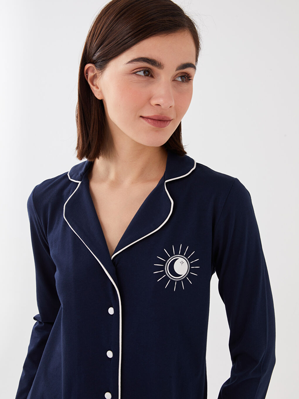 طقم بيجامة كم طويل بياقة قميص مطبوع للسيدات-2