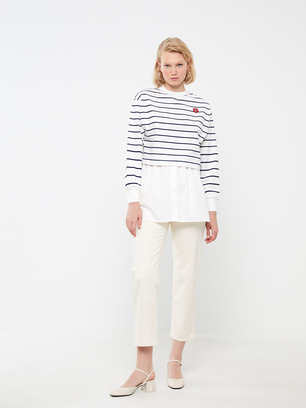 Lacivert Bisiklet Yaka Çizgili Uzun Kollu Kadın Sweatshirt-2