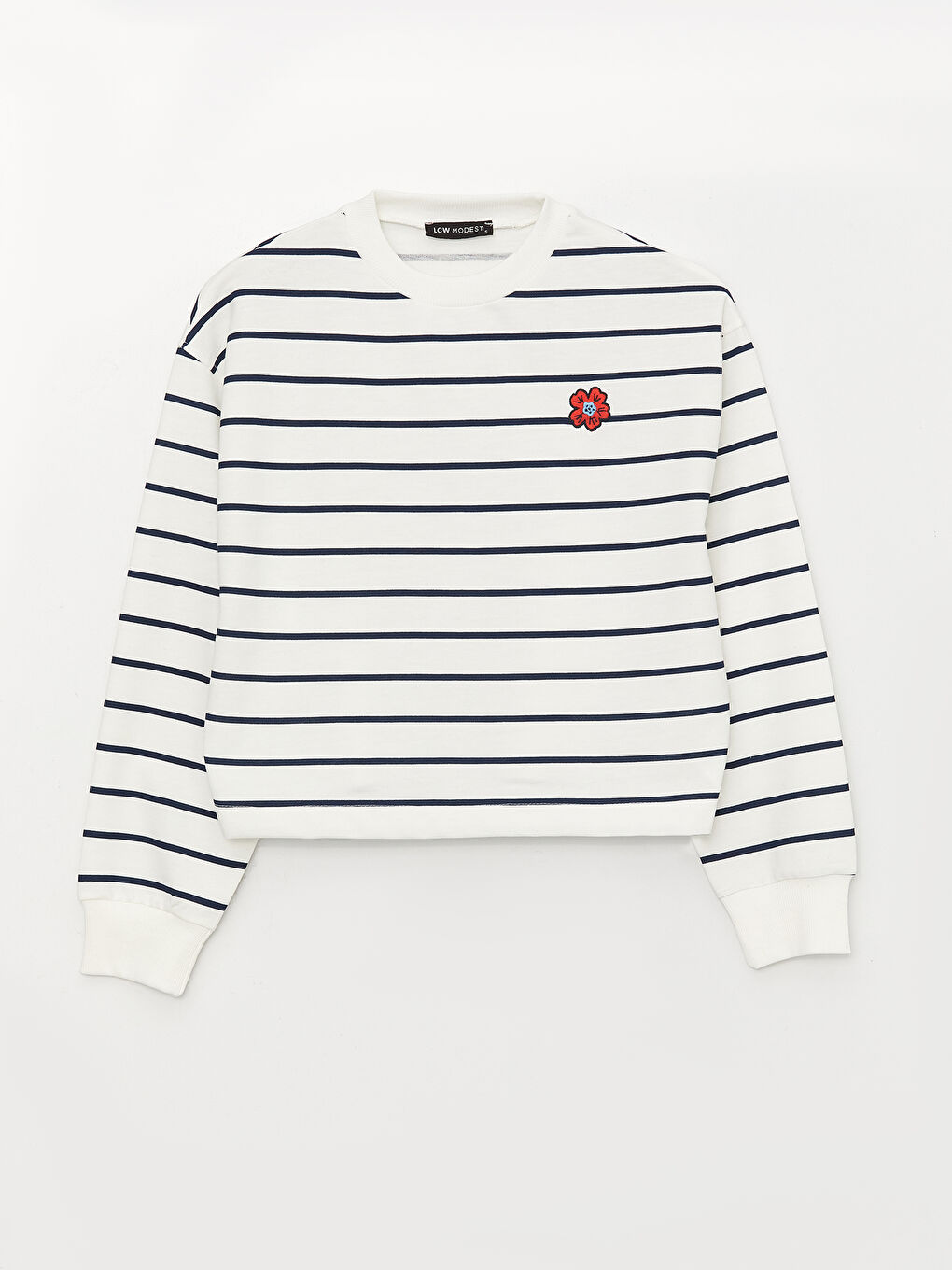 Lacivert Bisiklet Yaka Çizgili Uzun Kollu Kadın Sweatshirt-6