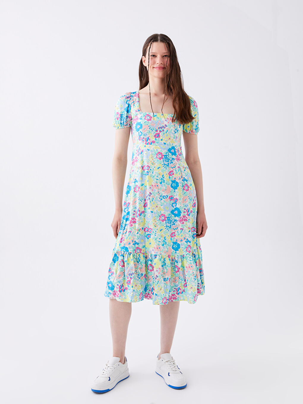 Square Collar Floral Short Sleeve Poplin Women's Dress -S3GF97Z8-RFC