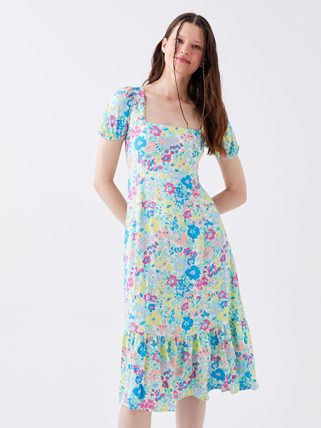 Square Collar Floral Short Sleeve Poplin Women's Dress -S3GF97Z8-RFC