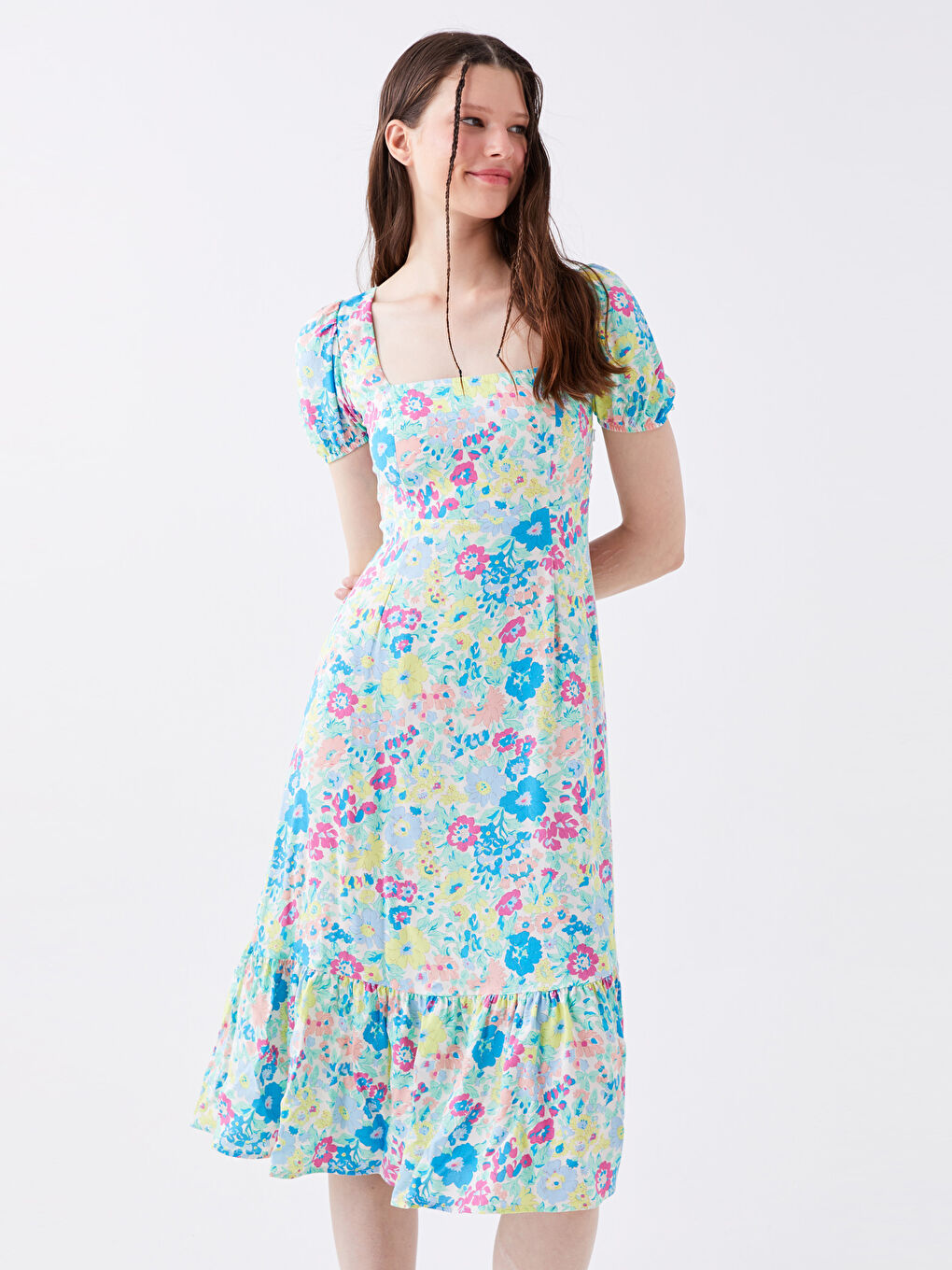 Square Collar Floral Short Sleeve Poplin Women's Dress -S3GF97Z8-RFC