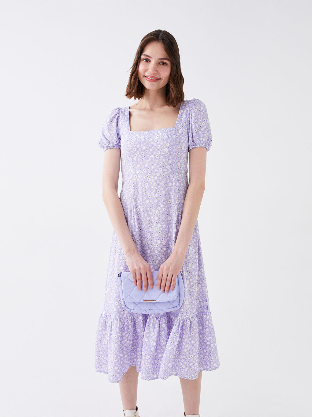 Lila Kare Yaka Çiçekli Kısa Kollu Poplin Kadın Elbise-1