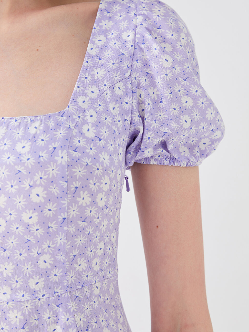 Lila Kare Yaka Çiçekli Kısa Kollu Poplin Kadın Elbise-3