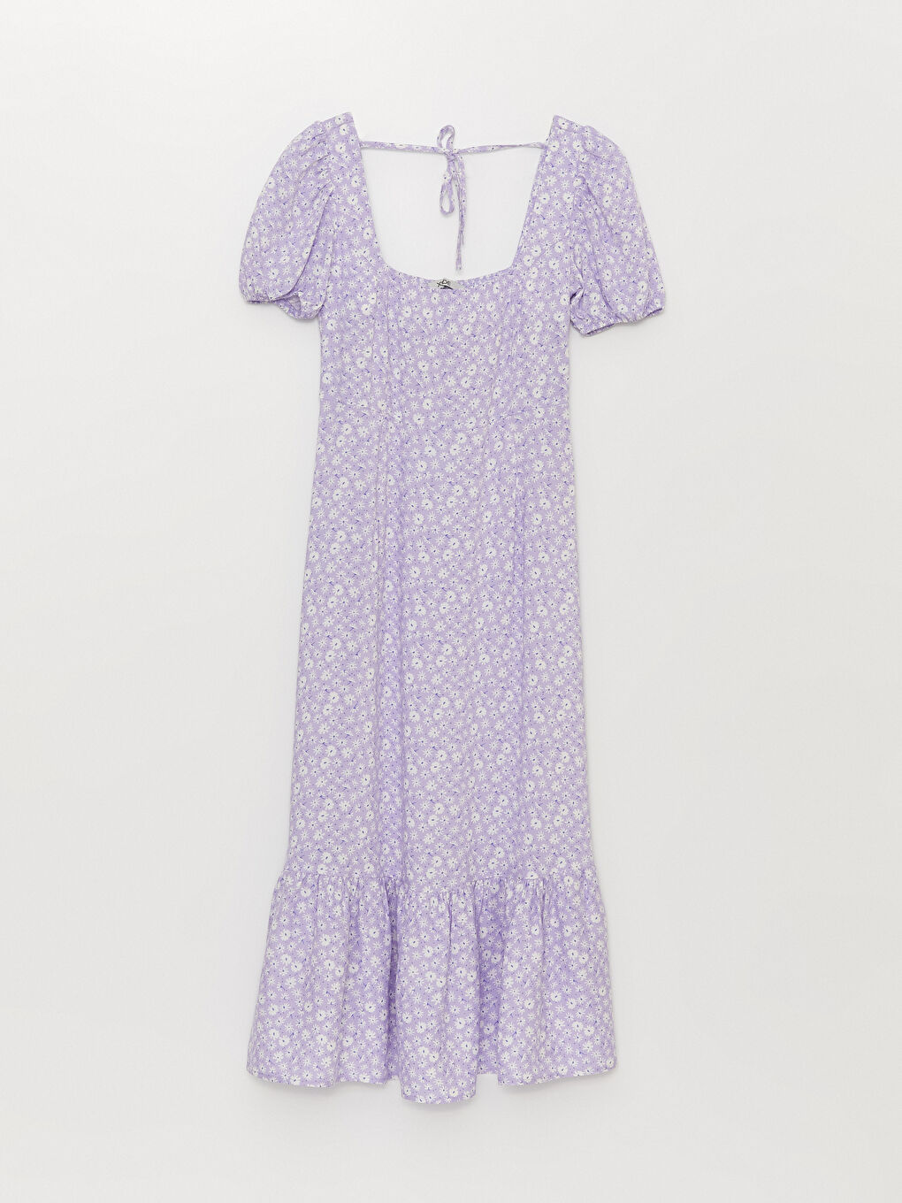 Lila Kare Yaka Çiçekli Kısa Kollu Poplin Kadın Elbise-5