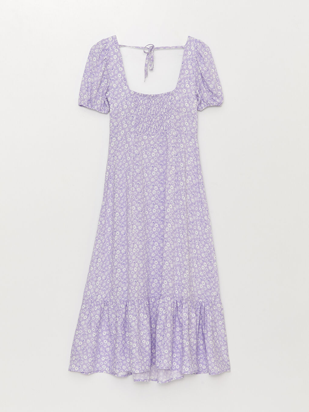 Lila Kare Yaka Çiçekli Kısa Kollu Poplin Kadın Elbise-6