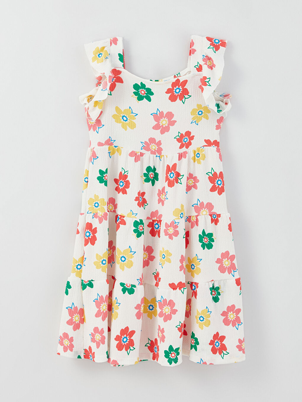 Ekru Kare Yaka Desenli Kız Çocuk Elbise