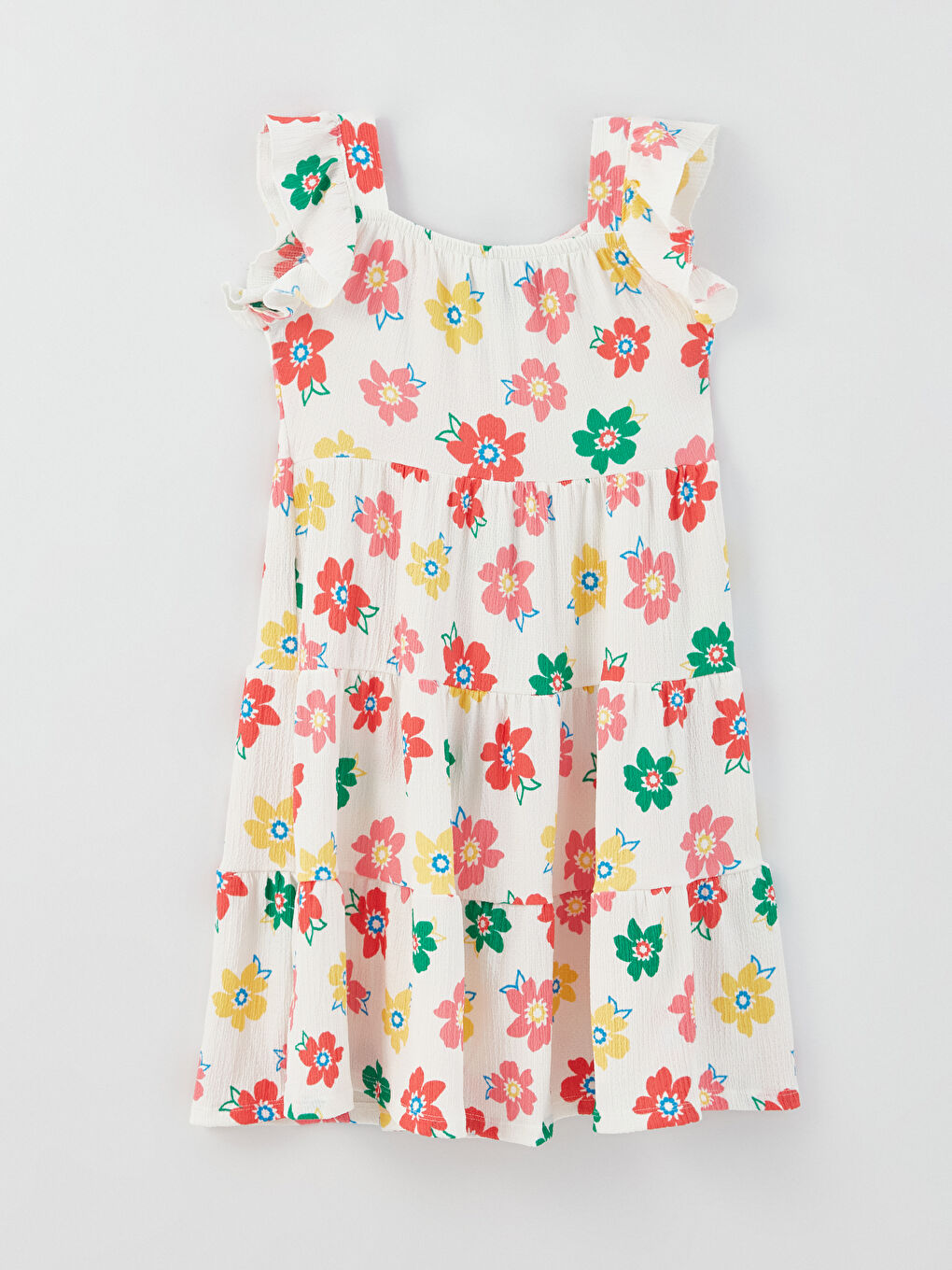 Ekru Kare Yaka Desenli Kız Çocuk Elbise-1