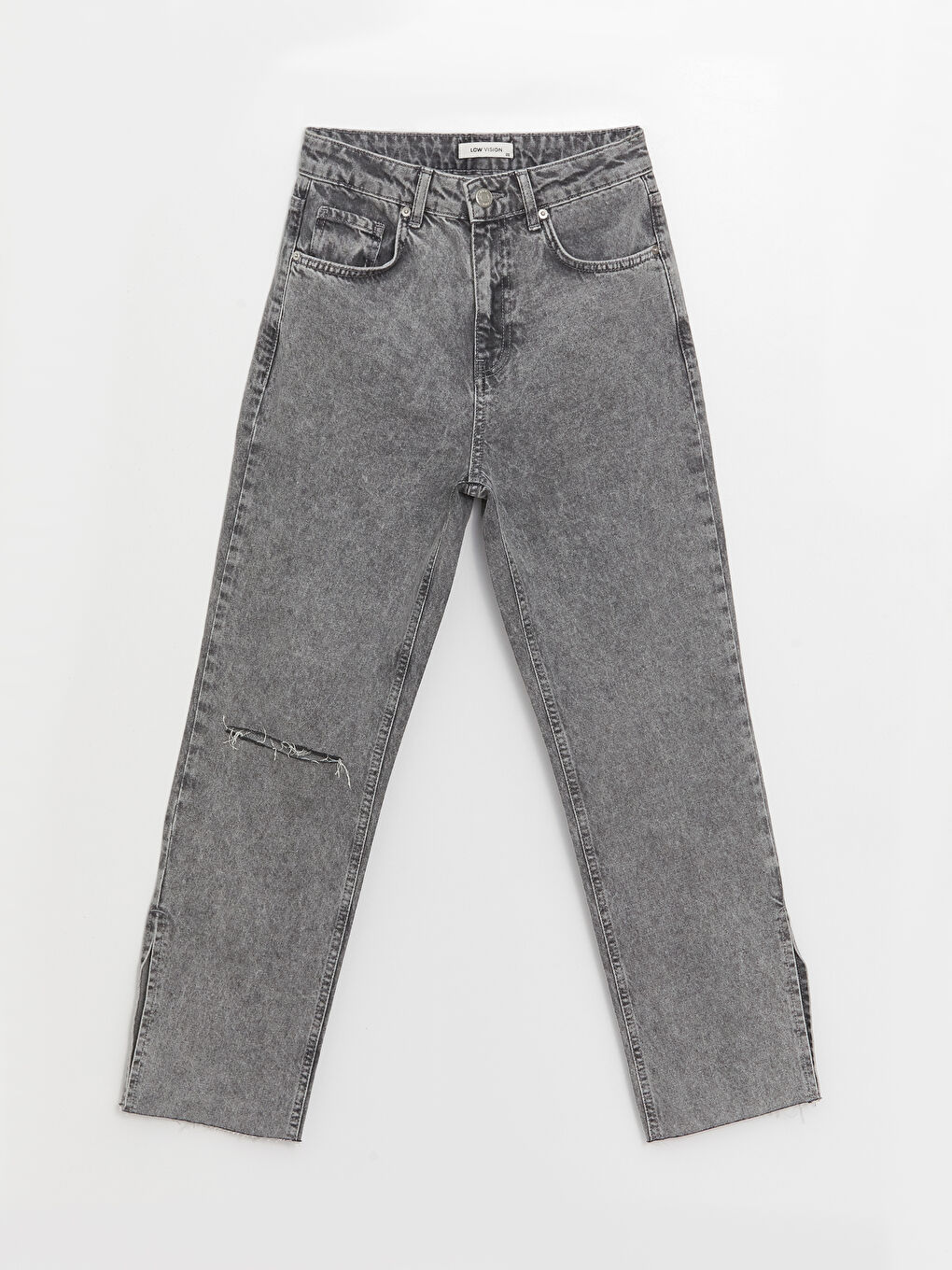 Gri Yüksek Bel Straight Fit Yırtık Detaylı Kadın Jean Pantolon-5