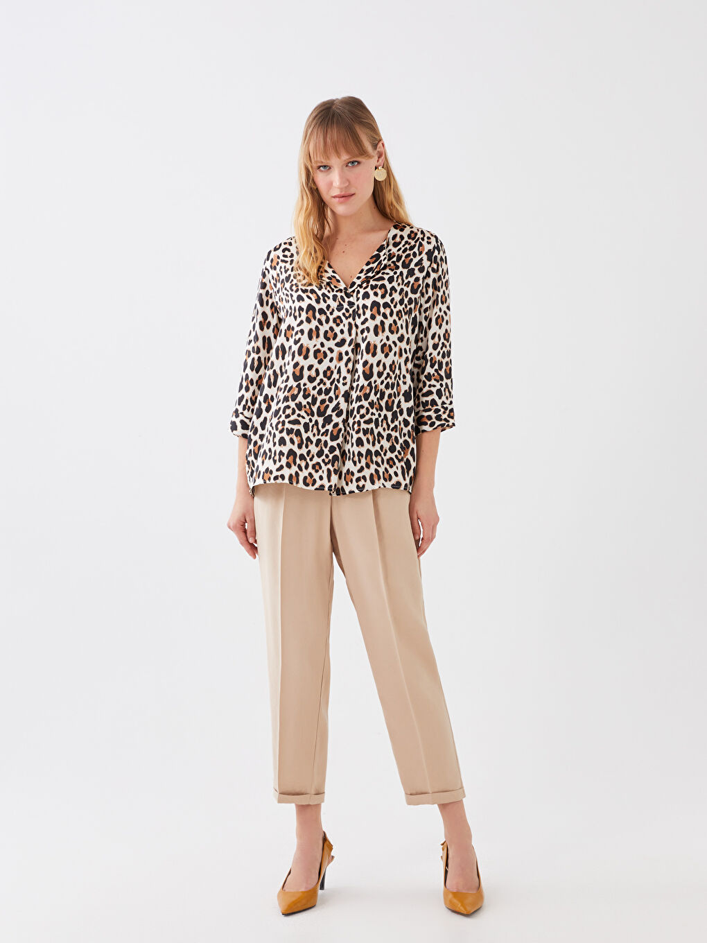 Bluză Satinată cu Model și Guler Henley pentru Femei-2