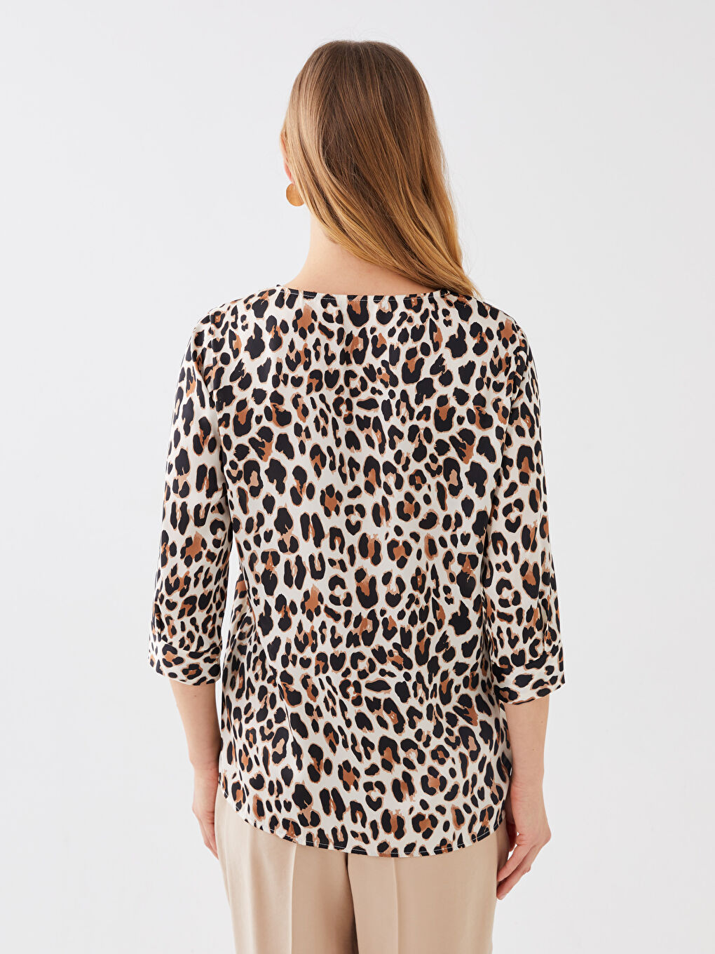 Bluză Satinată cu Model și Guler Henley pentru Femei-4