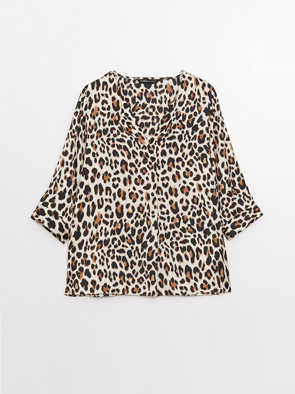 Bluză Satinată cu Model și Guler Henley pentru Femei-5