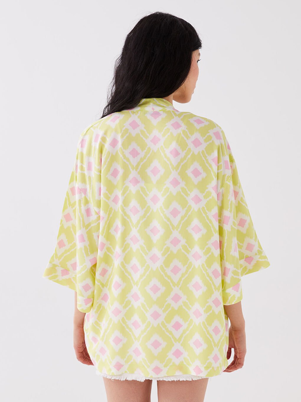 LCW Vision Limon Yeşili Baskılı Şal Yaka Desenli Oversize Kadın Kimono - 4