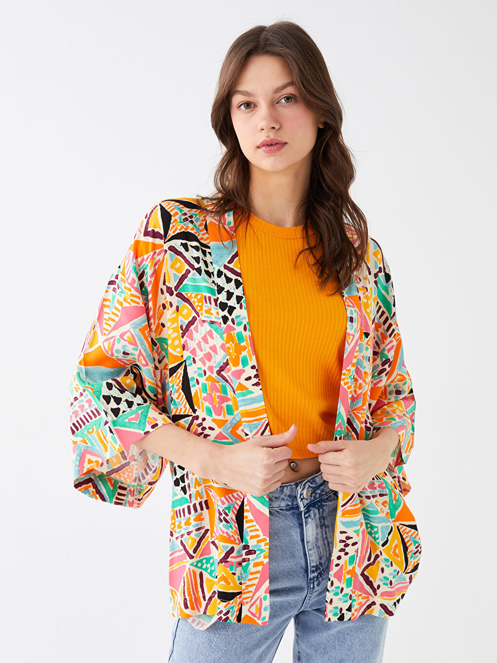 Shawl Collar Patterned Oversize Women's Kimono -S3GG75Z8-LRA