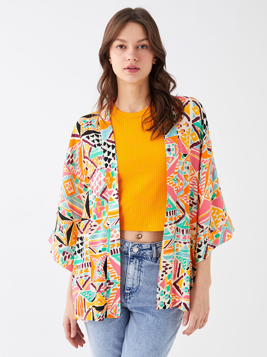 Shawl Collar Patterned Oversize Women's Kimono -S3GG75Z8-LRA