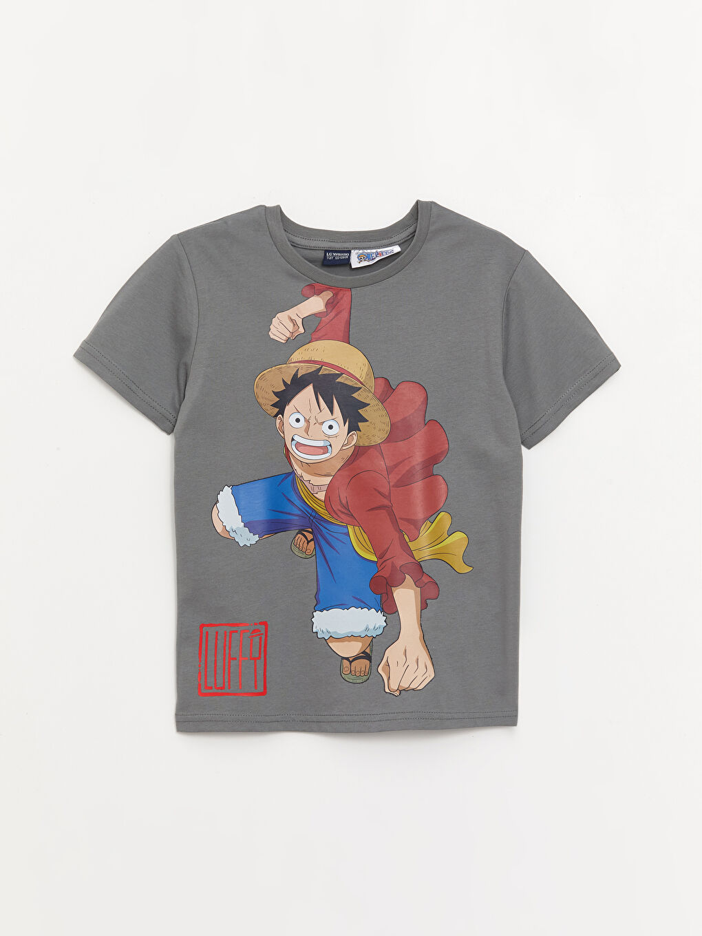 Gri Bisiklet Yaka One Piece Baskılı Kısa Kollu Erkek Çocuk Tişört