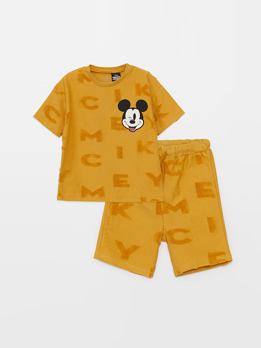 Sarı Bisiklet Yaka Kısa Kollu Mickey Mouse Baskılı Erkek Bebek Tişört ve Şort 2'li Takım