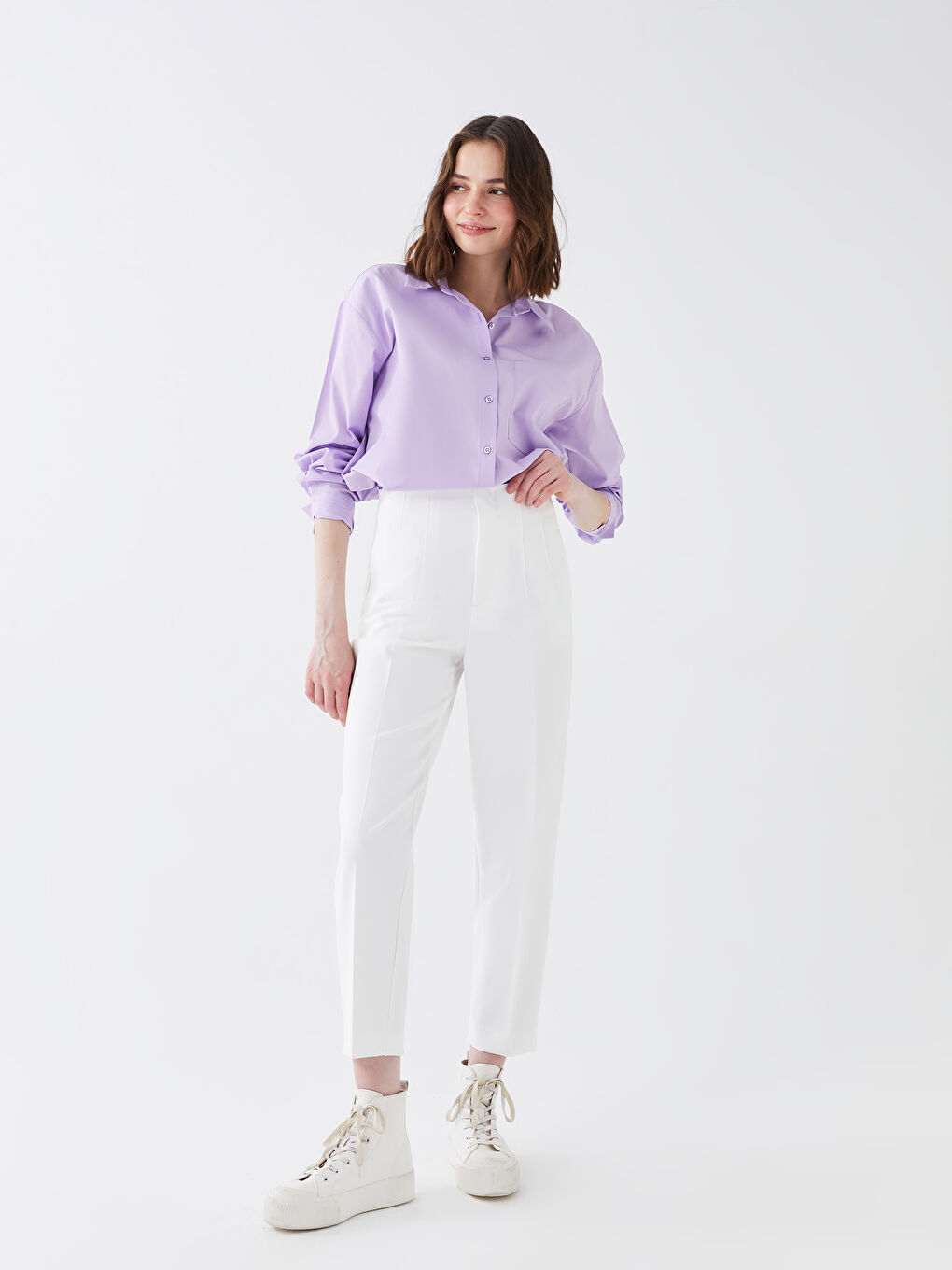 Ekru Kadın Havuç Kesim Düz Pantolon-1