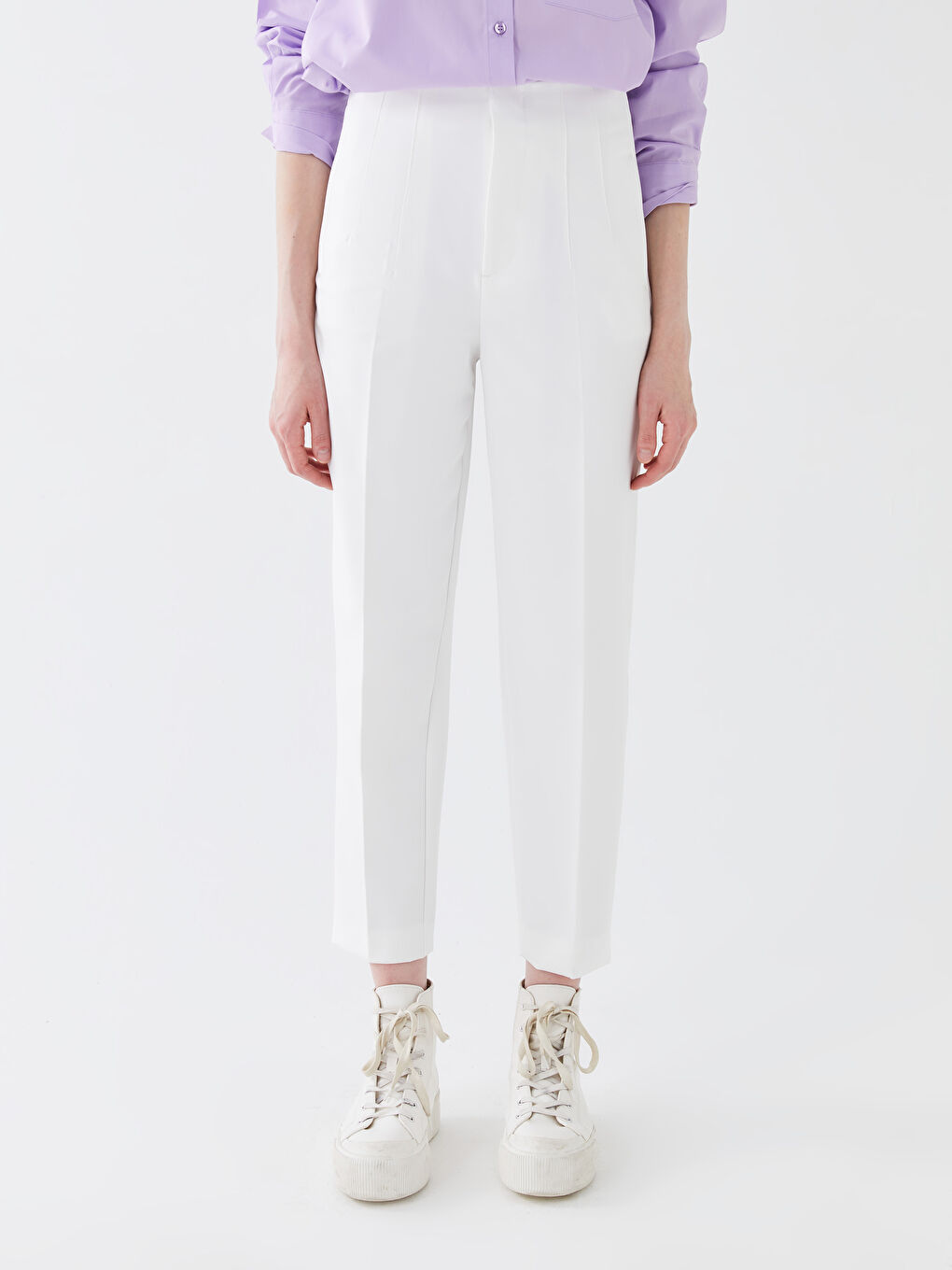 Ekru Kadın Havuç Kesim Düz Pantolon-2