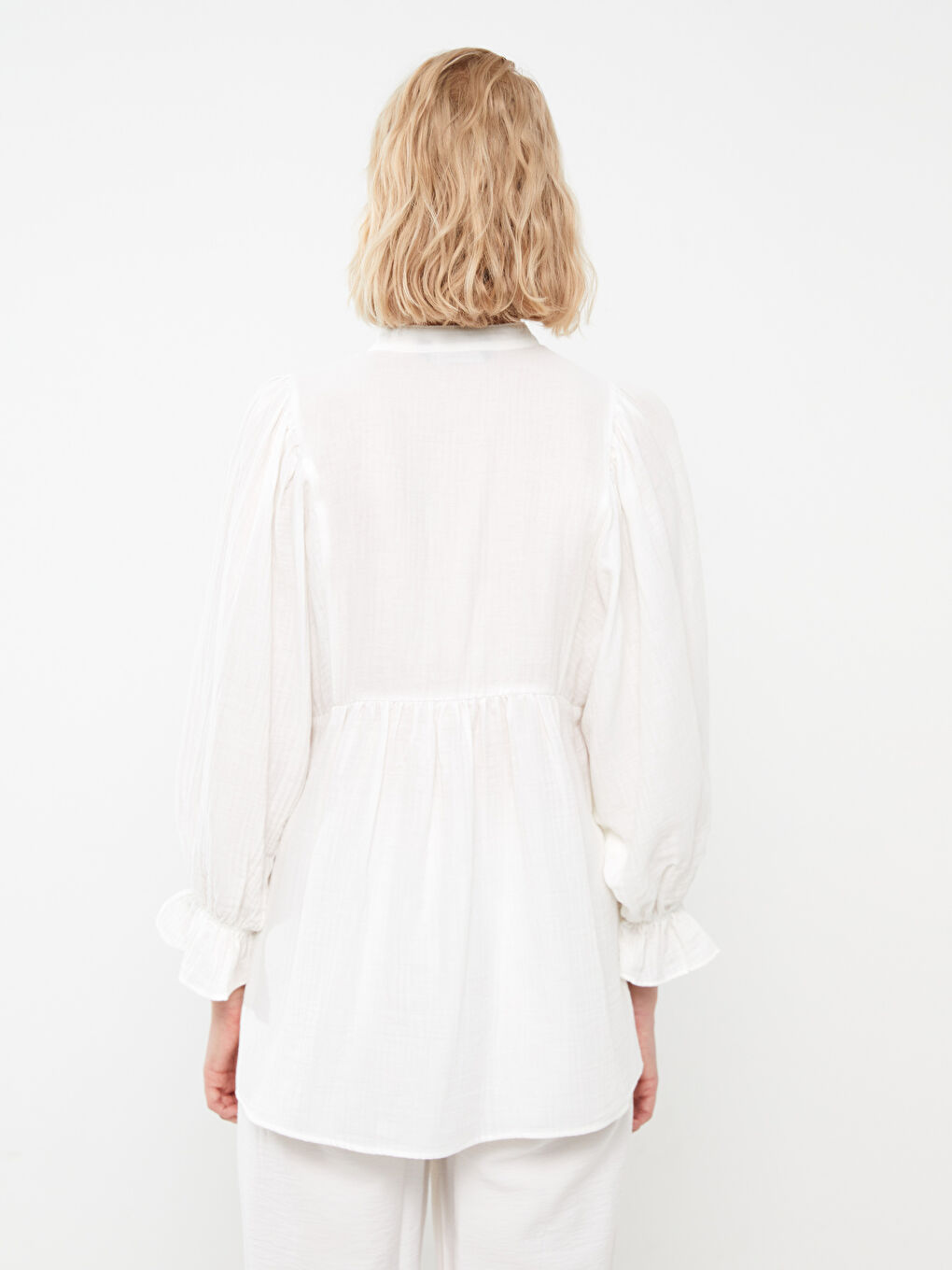 Ekru Hakim Yaka Düz Uzun Kollu Oversize Kadın Tunik-4