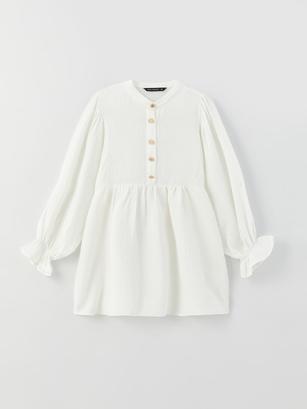 Ekru Hakim Yaka Düz Uzun Kollu Oversize Kadın Tunik-5