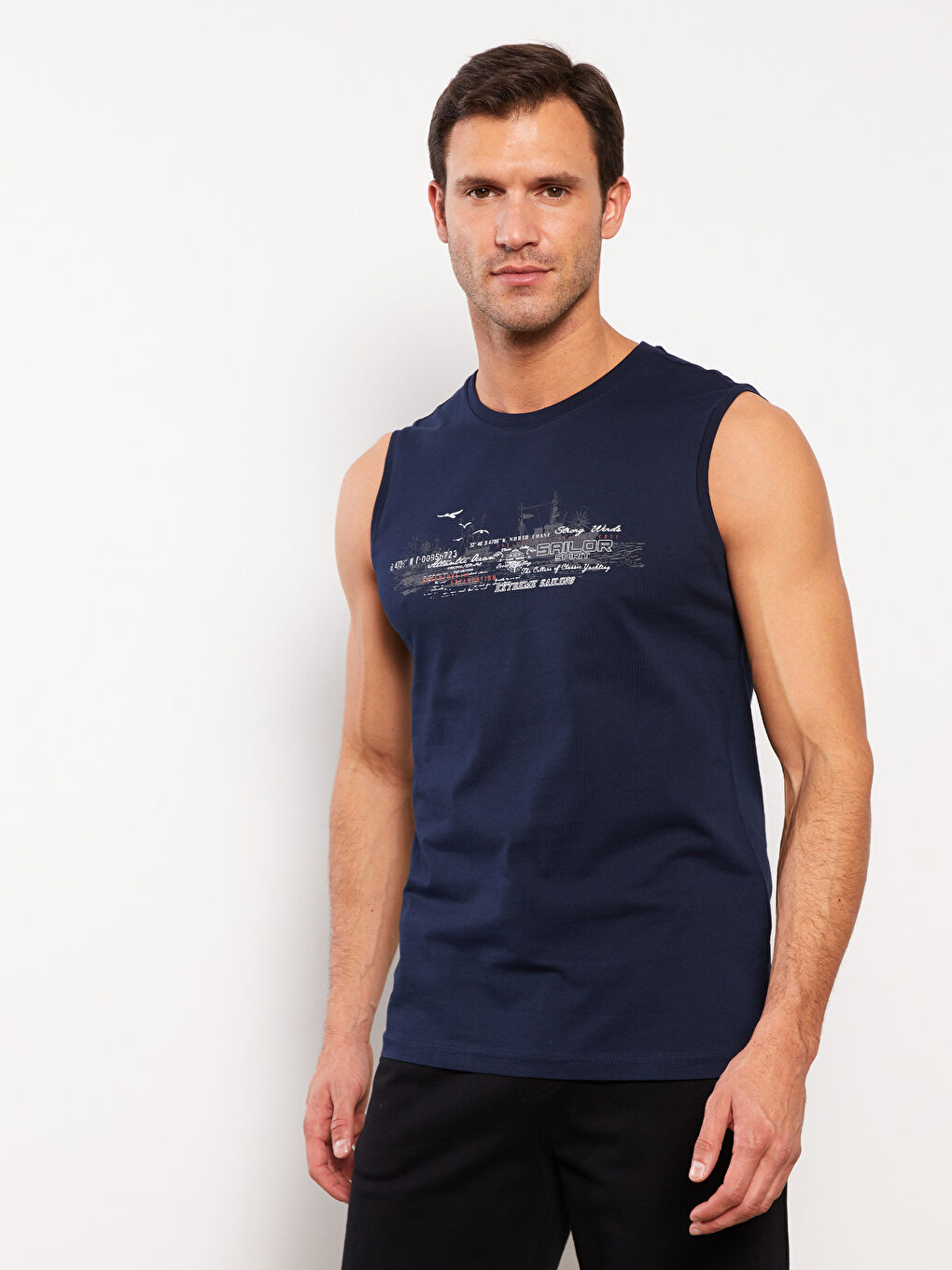 Maiou pentru Bărbați cu Guler Rotund și Imprimeu din Jerseu, Fără Mâneci