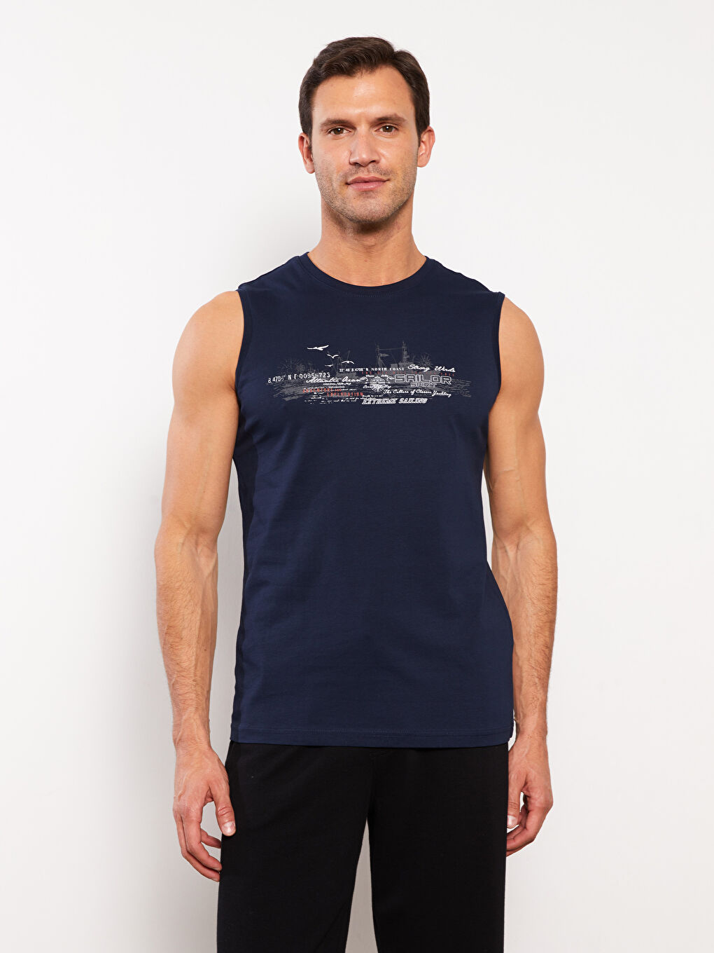 Maiou pentru Bărbați cu Guler Rotund și Imprimeu din Jerseu, Fără Mâneci-1