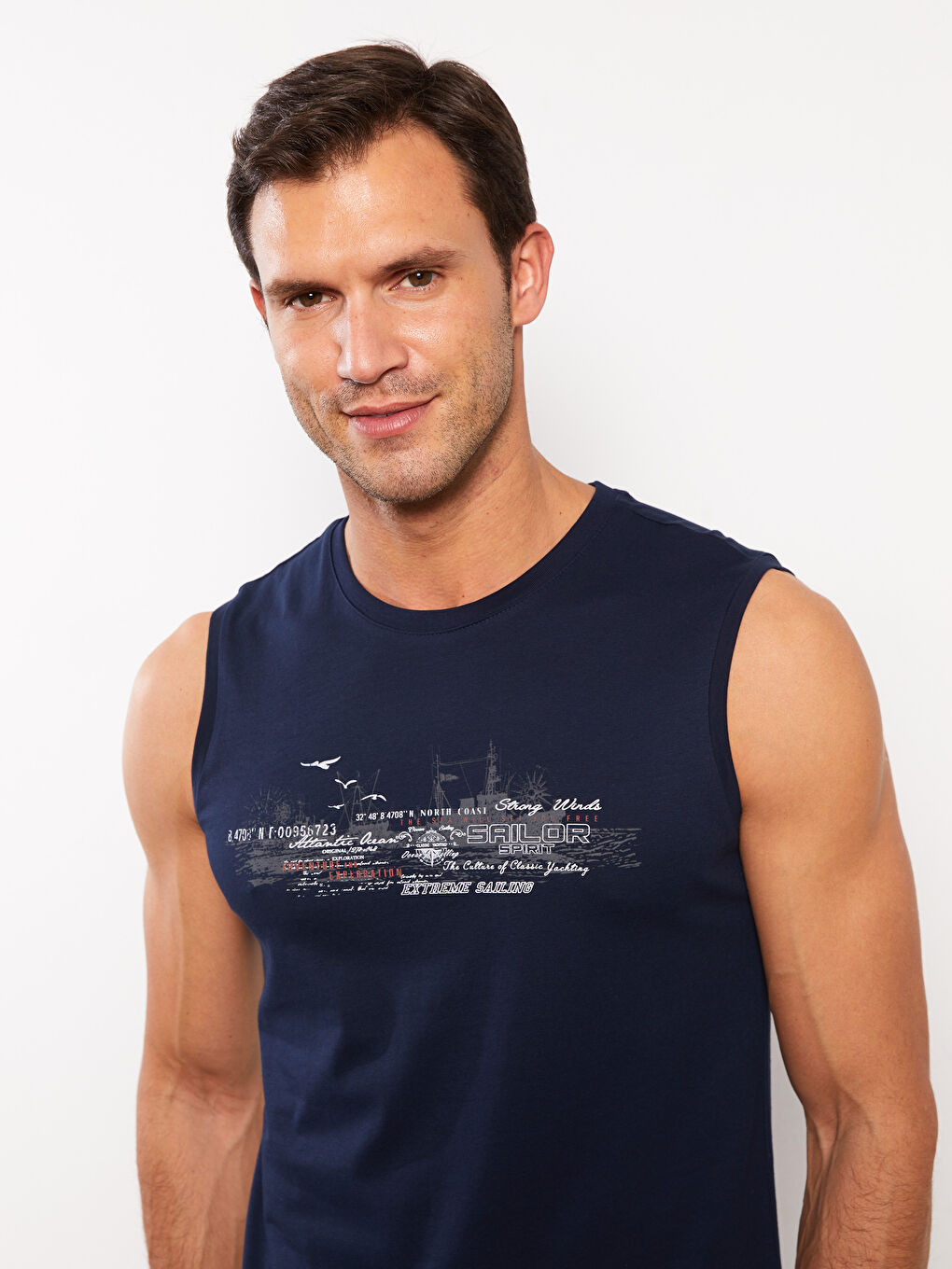 Maiou pentru Bărbați cu Guler Rotund și Imprimeu din Jerseu, Fără Mâneci-2