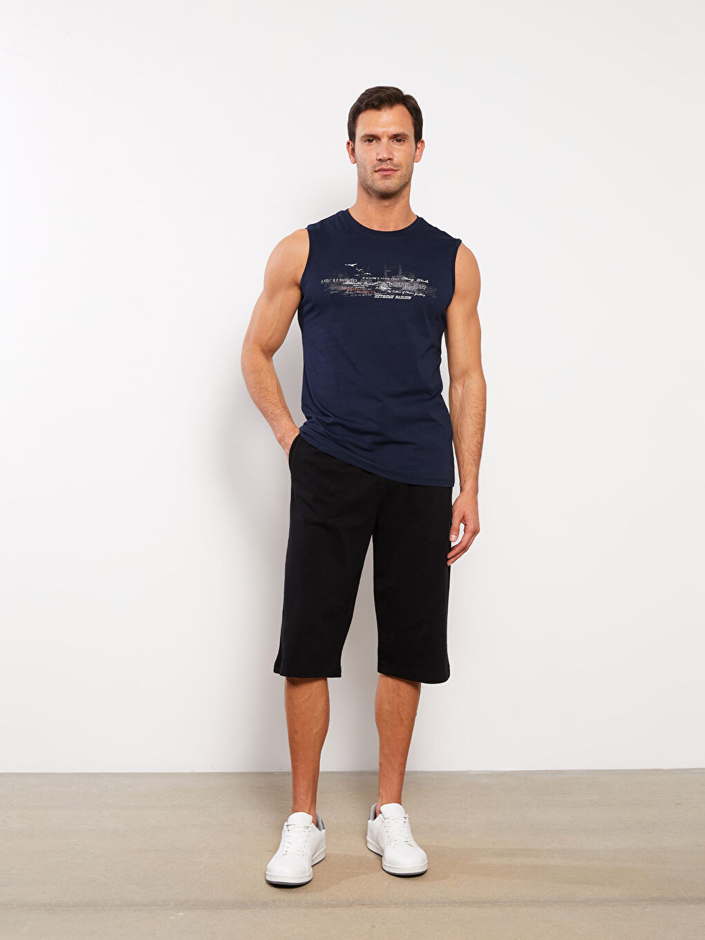 Maiou pentru Bărbați cu Guler Rotund și Imprimeu din Jerseu, Fără Mâneci-4