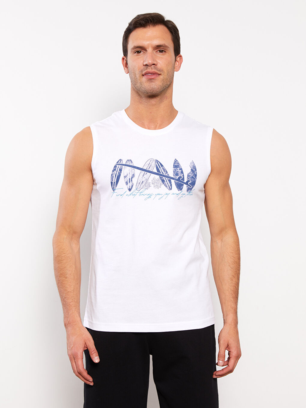 Beyaz Bisiklet Yaka Baskılı Penye Erkek Kolsuz Tişört-2