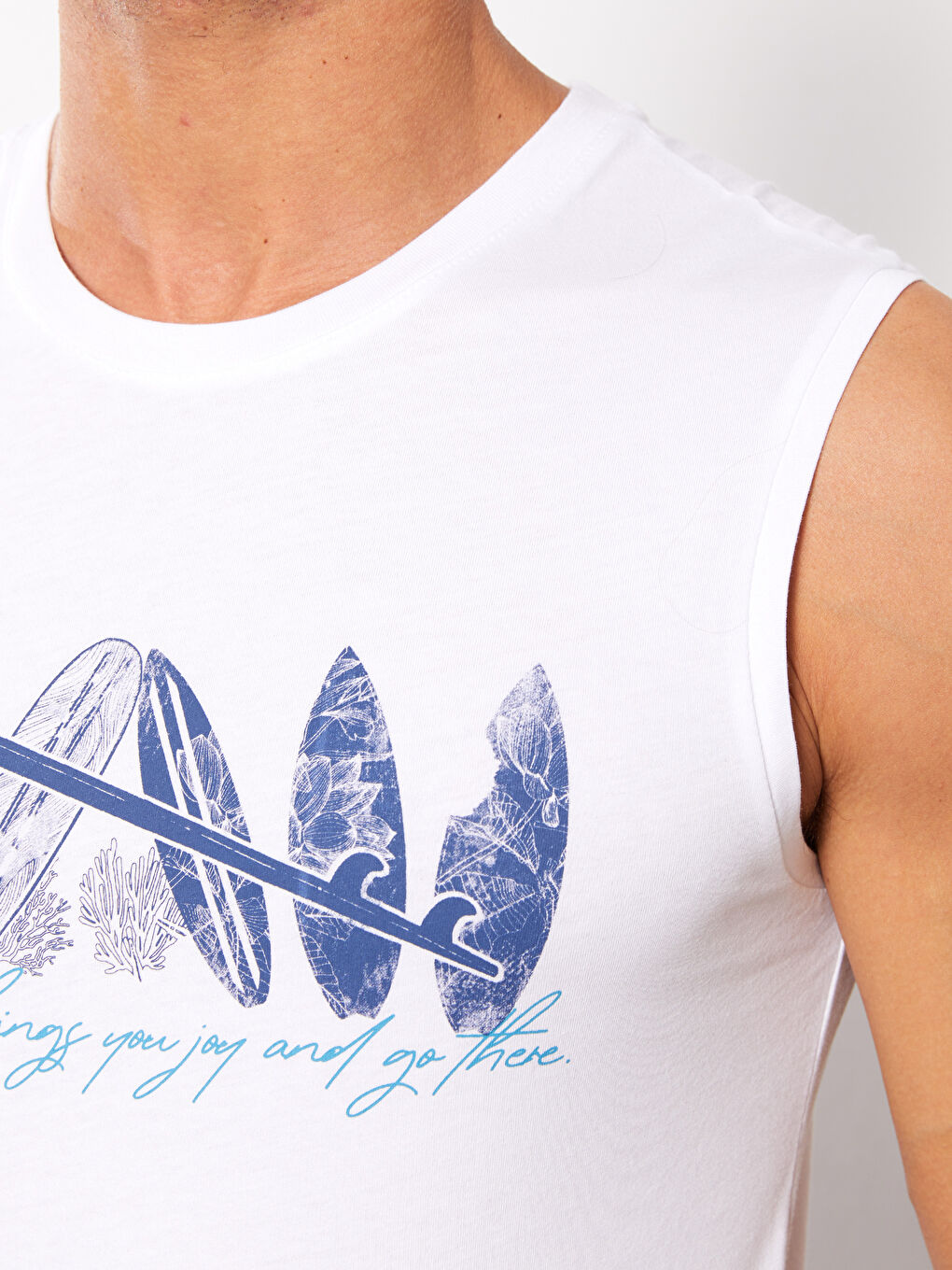 Beyaz Bisiklet Yaka Baskılı Penye Erkek Kolsuz Tişört-3