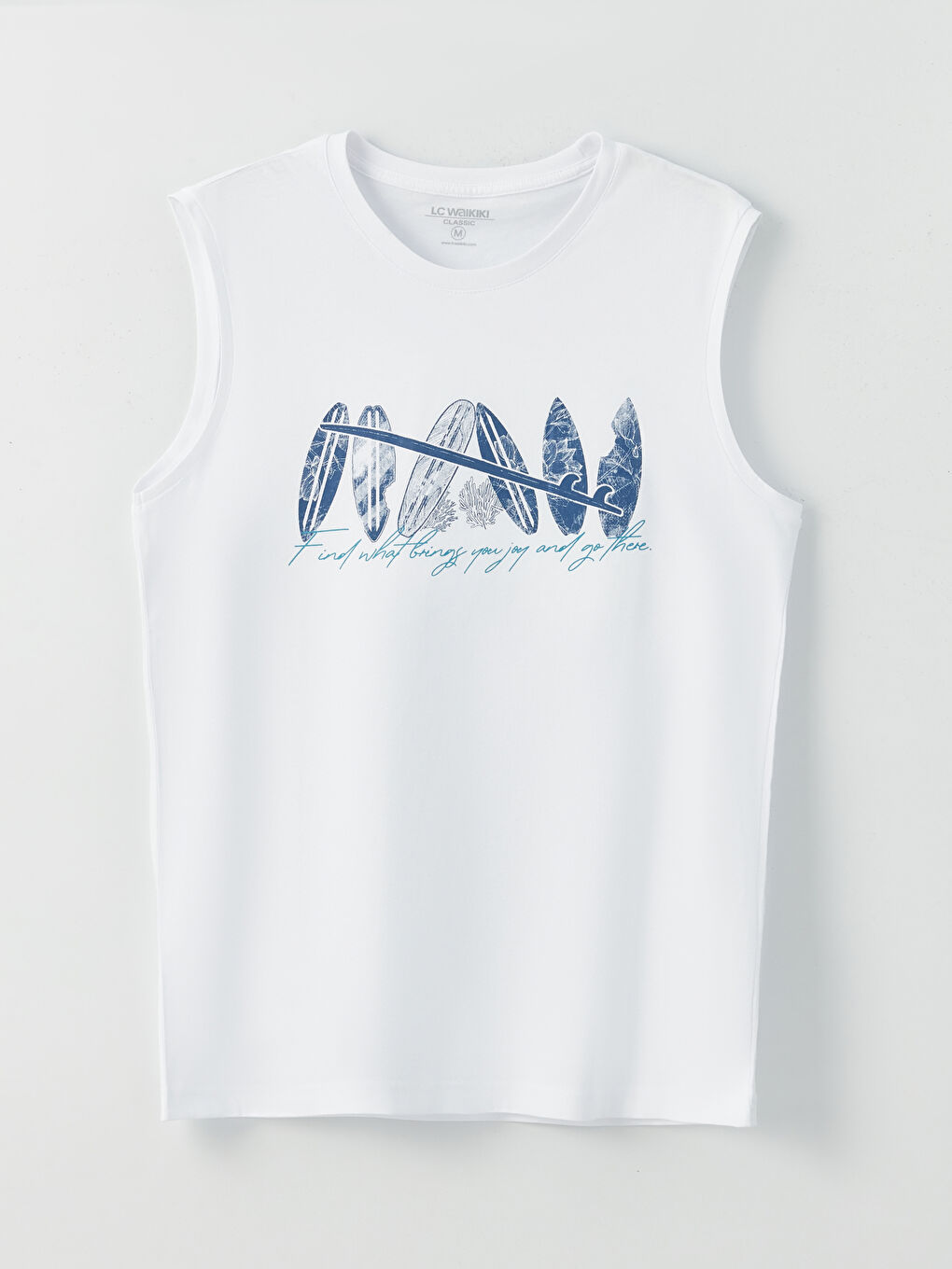 Beyaz Bisiklet Yaka Baskılı Penye Erkek Kolsuz Tişört-5