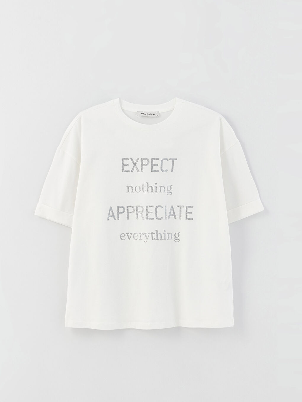 Beyaz Bisiklet Yaka Baskılı Kısa Kollu Kadın Tişört-5