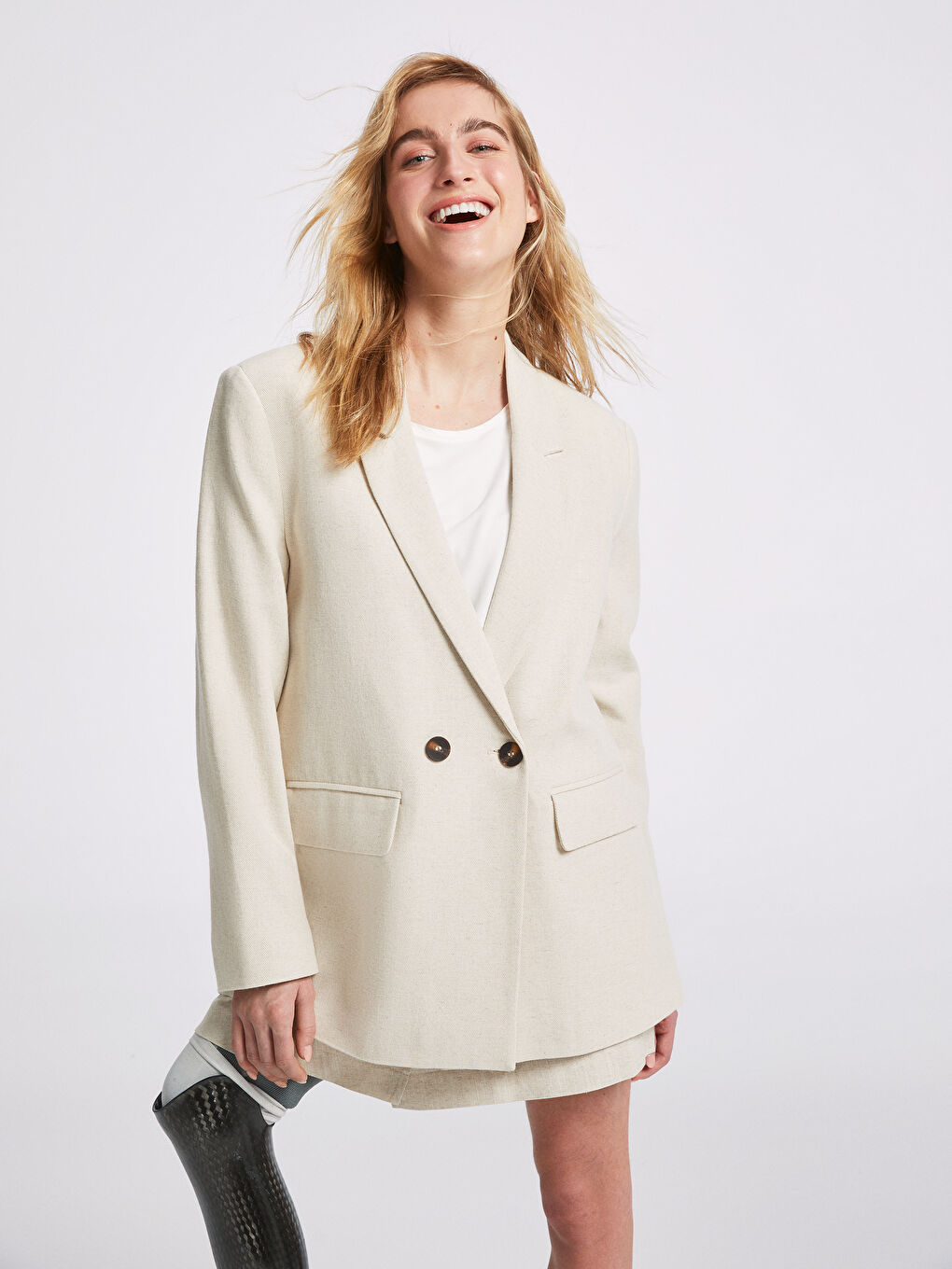 Ekru Düz Uzun Kollu Kadın Ceket-1