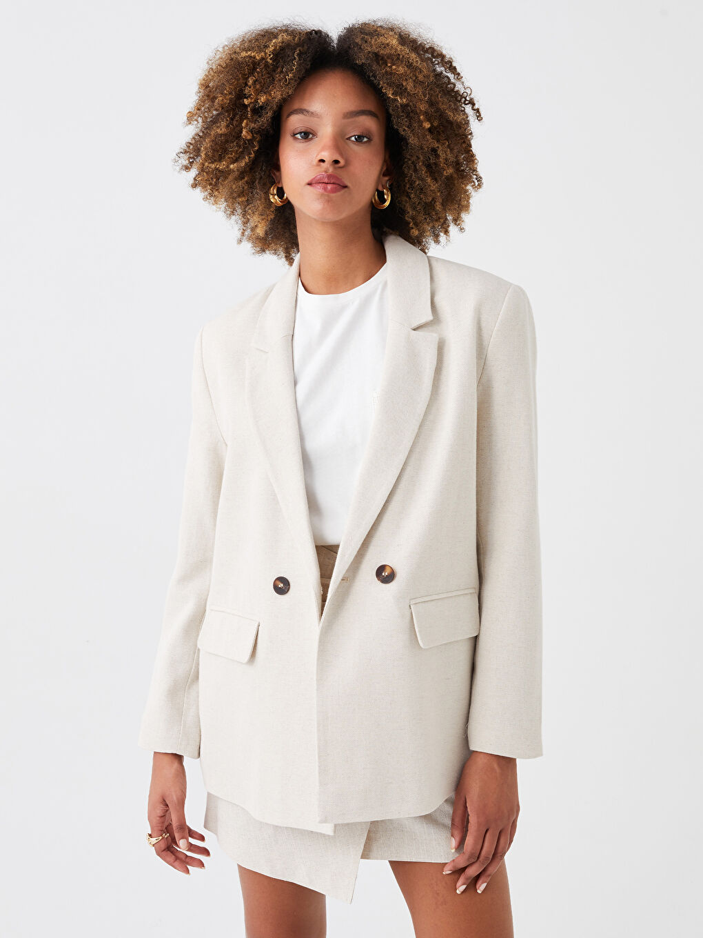 Ekru Düz Uzun Kollu Kadın Ceket-4