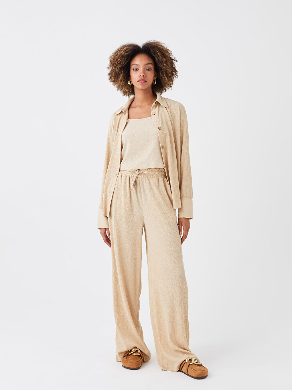 Әйелдерге арналған қатпарлы кең балақ ұзын шалбар-1