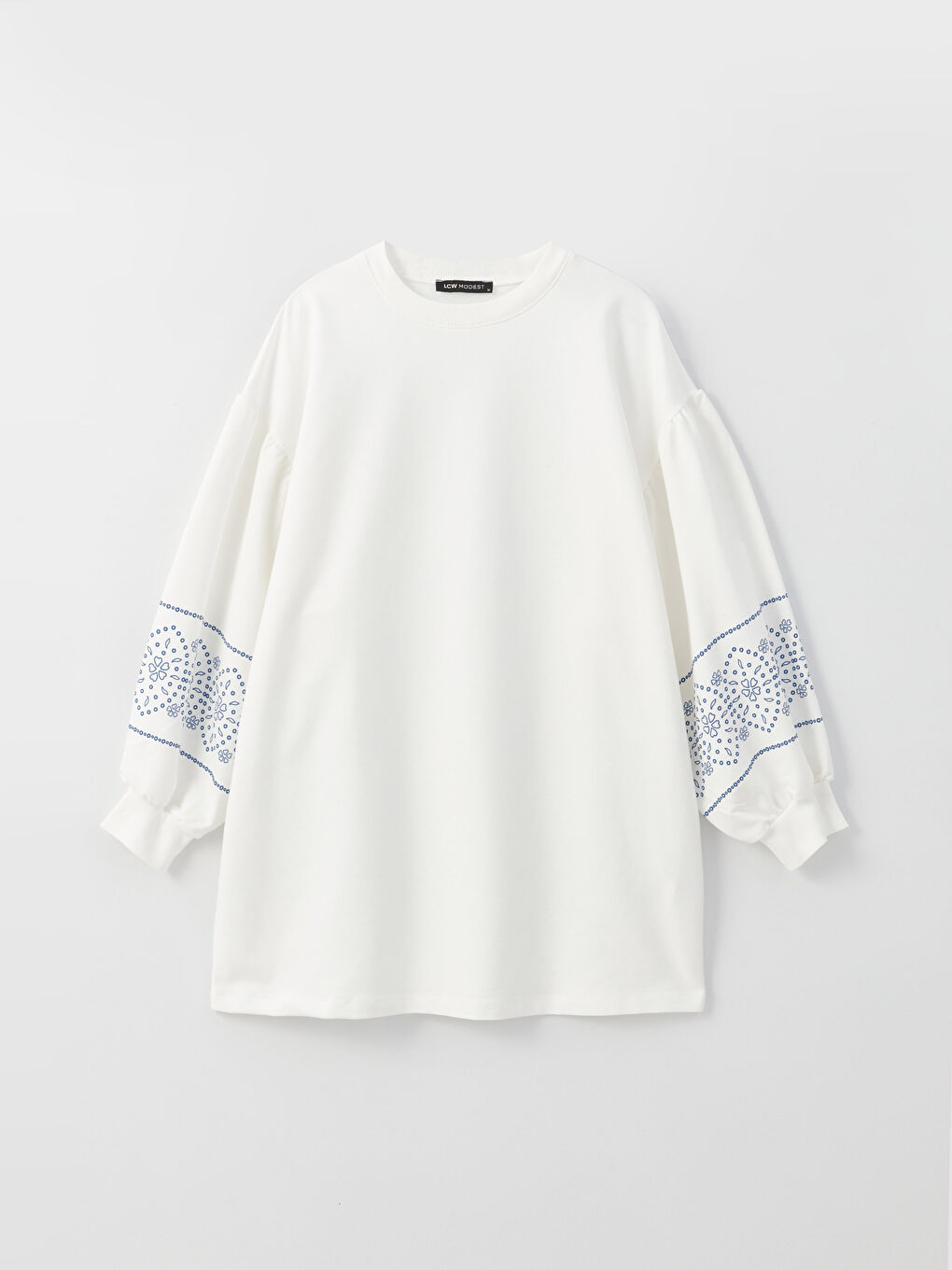 Ekru Bisiklet Yaka Baskılı Uzun Kollu Oversize Kadın Sweatshirt Tunik-6