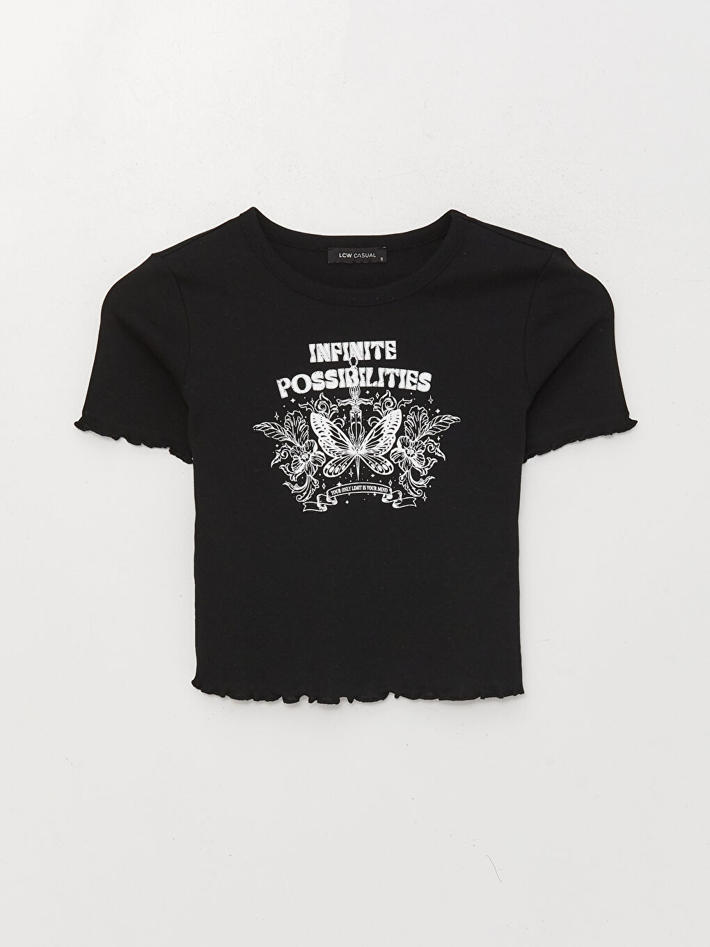 Siyah Bisiklet Yaka Baskılı Kısa Kollu Kadın Crop-5