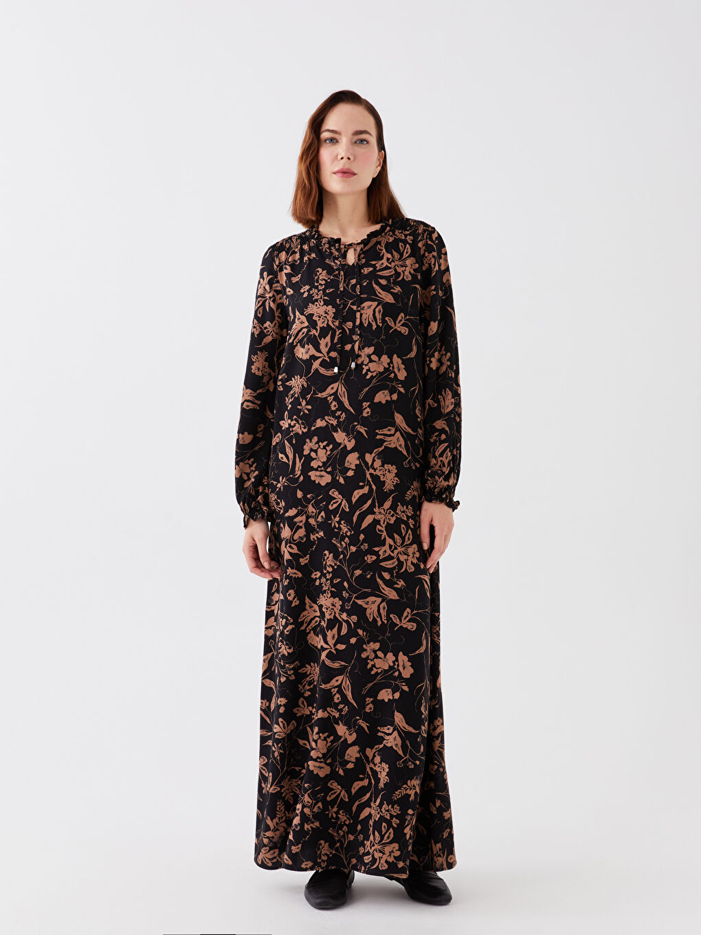 Tie Collar Floral Long Sleeve Viscose Women's Dress