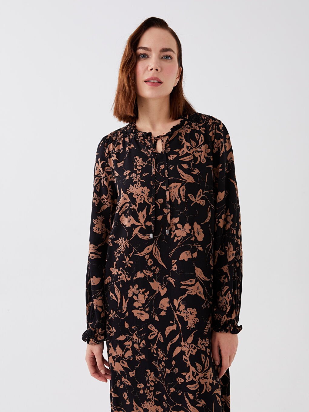 Tie Collar Floral Long Sleeve Viscose Women's Dress-1