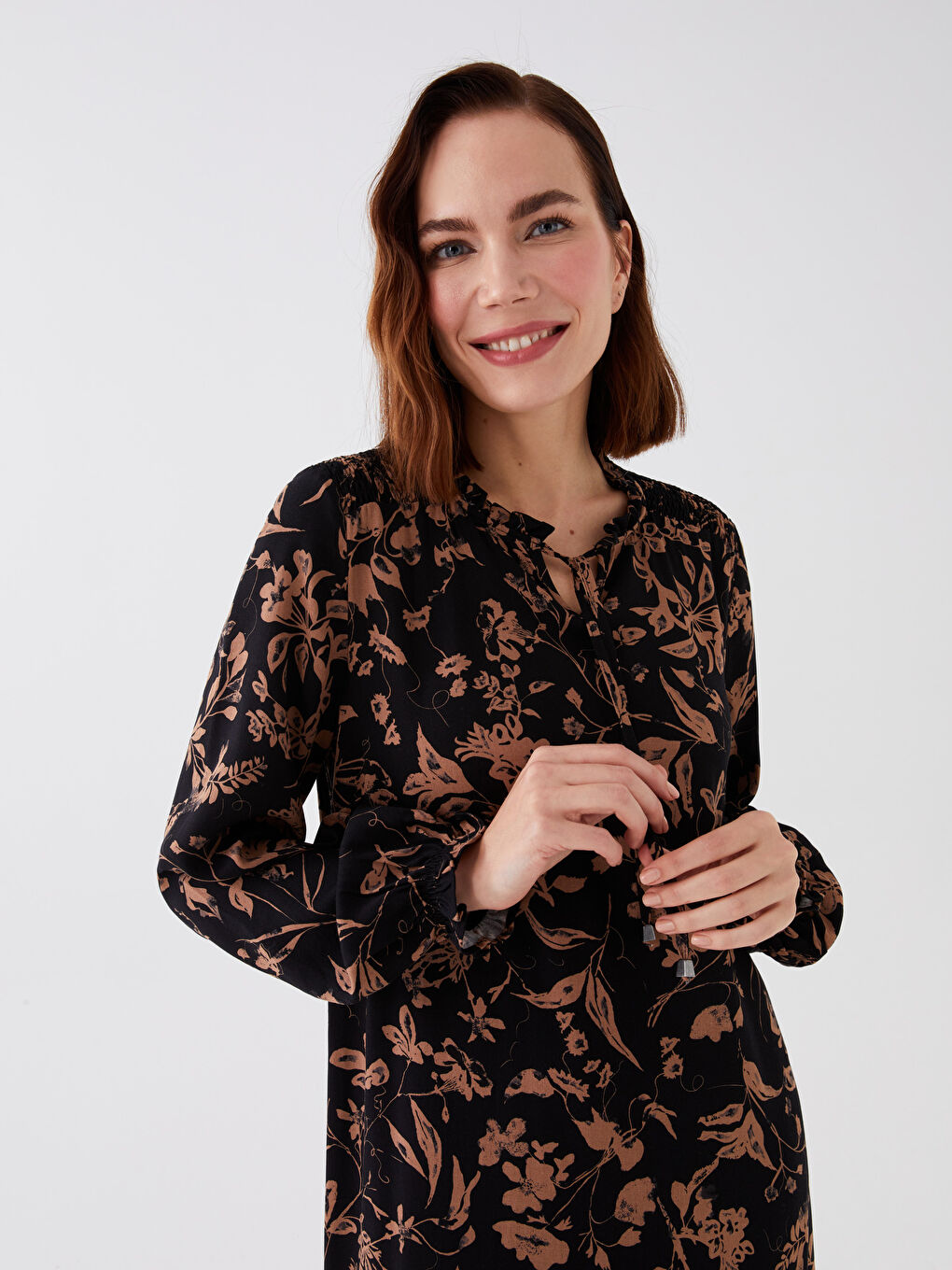 Tie Collar Floral Long Sleeve Viscose Women's Dress-2