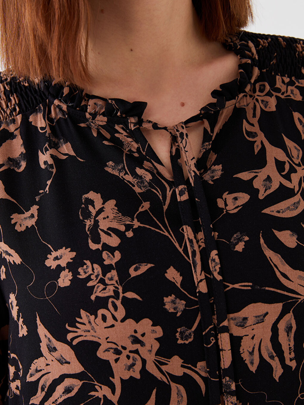 Tie Collar Floral Long Sleeve Viscose Women's Dress-3