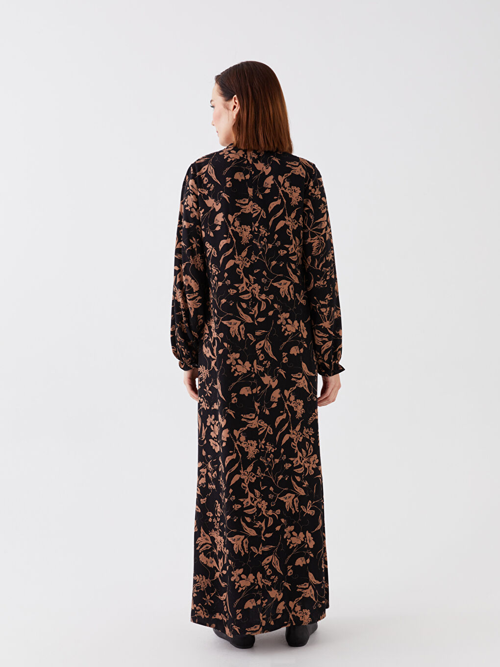 Tie Collar Floral Long Sleeve Viscose Women's Dress-4