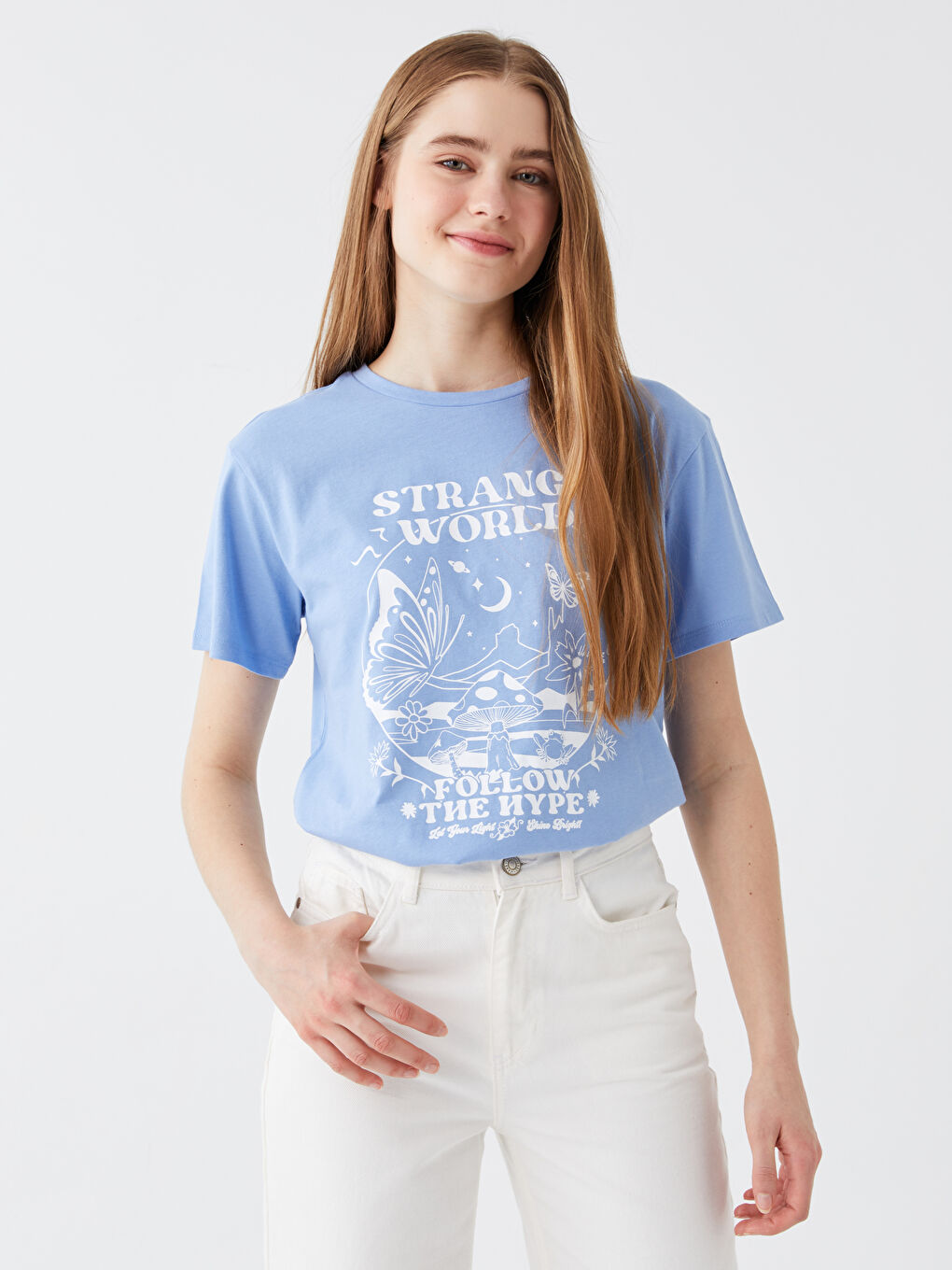 Mavi Bisiklet Yaka Baskılı Kısa Kollu Kadın Tişört-1