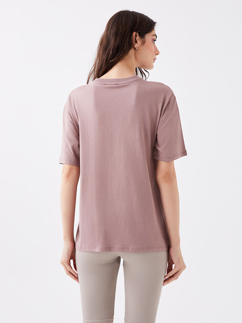 Kahverengi Bisiklet Yaka Baskılı Kısa Kollu Oversize Kadın Tişört-4