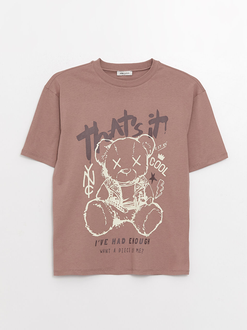 Kahverengi Bisiklet Yaka Baskılı Kısa Kollu Oversize Kadın Tişört-5