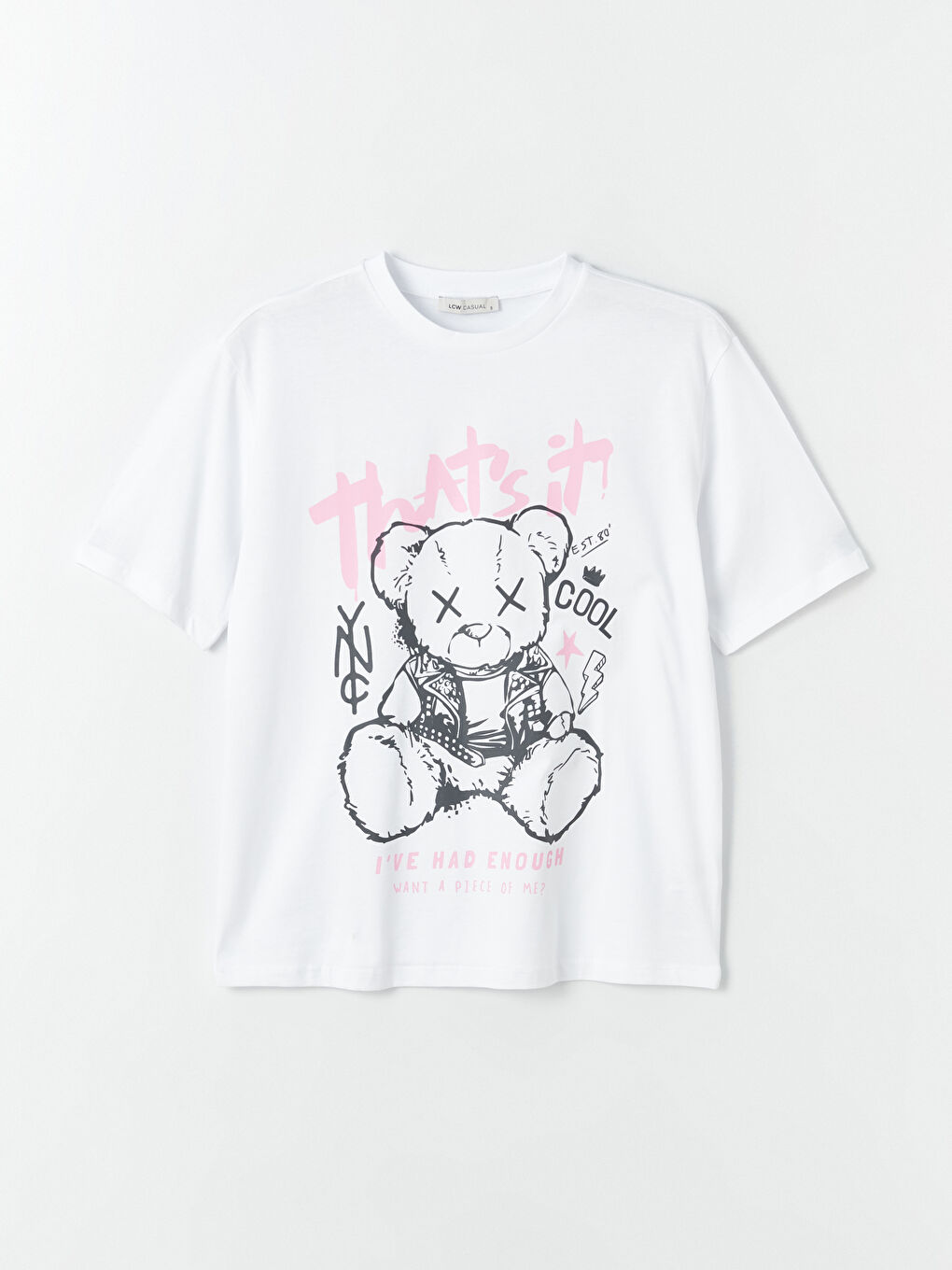 Beyaz Bisiklet Yaka Baskılı Kısa Kollu Oversize Kadın Tişört-5